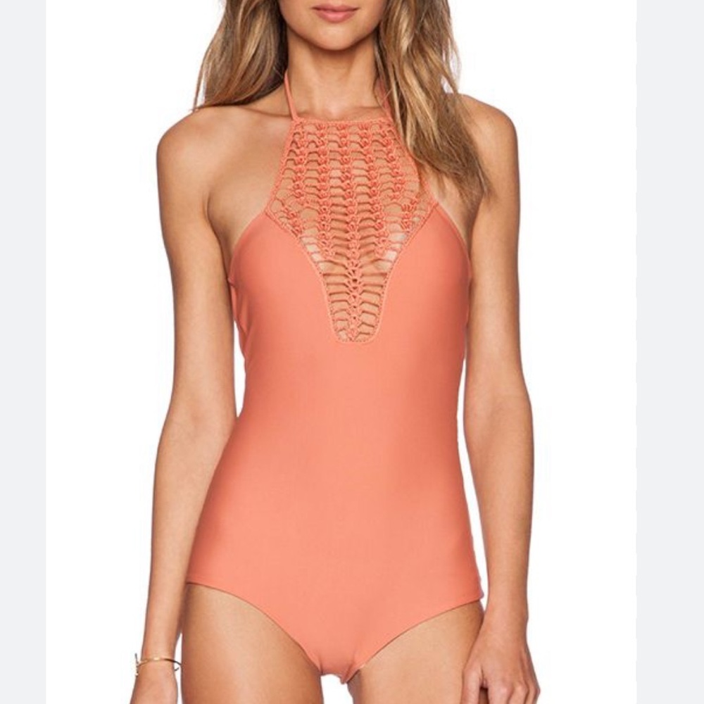 acacia swimwear Coral Crochet Halter Neck One-Piece